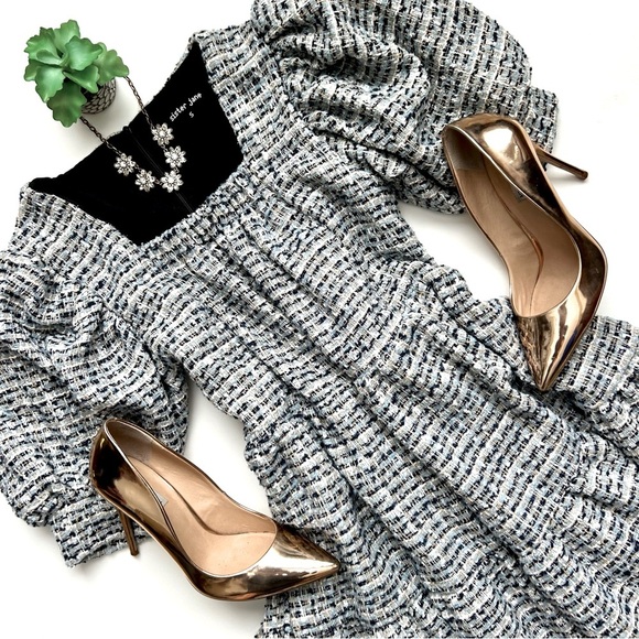 Sister Jane Waltz Tweed Confetti Mini Dress Babydoll Puff Sleeve Tiered Size S - Picture 2 of 14